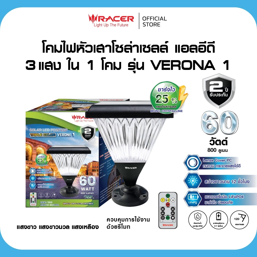 Racer(เรเซอร์) โคมไฟหัวเสา โซล่าเซลล์ 3 แสง รุ่น เวโรนา