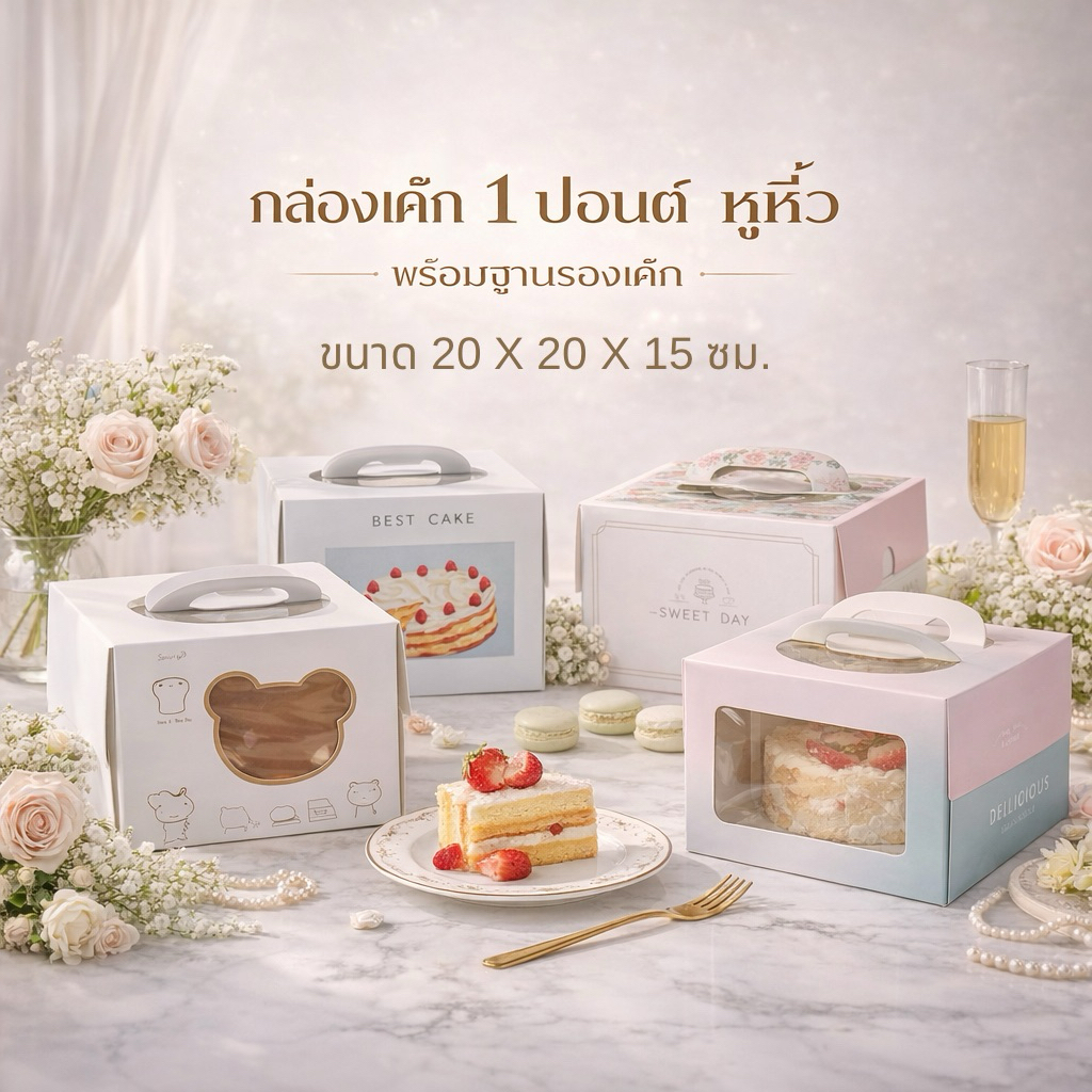 กล่องเค้ก 1 ปอนด์ มีหูหิ้ว หน้าต่างใส+พร้อมฐานหนา (1ชุด)