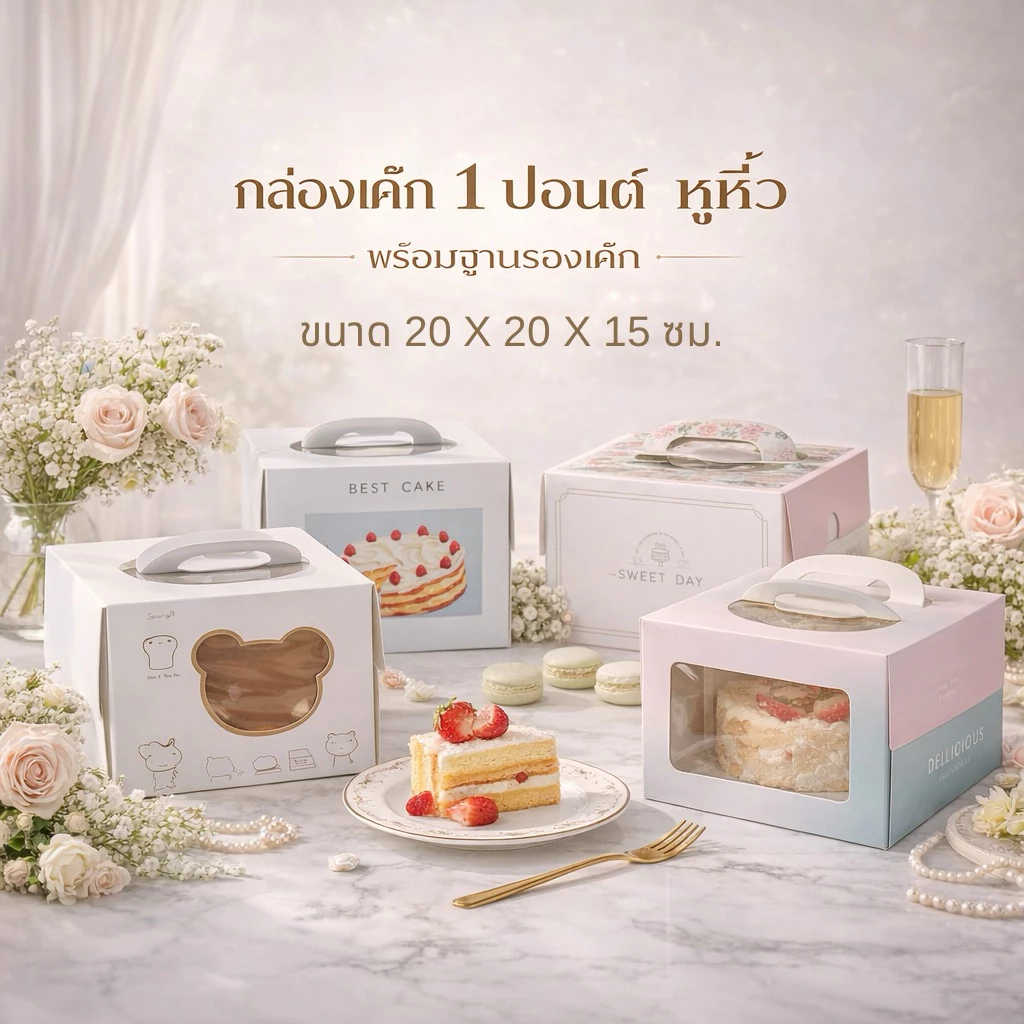 กล่องเค้ก 1 ปอนด์ มีหูหิ้ว หน้าต่างใส+พร้อมฐานหนา (1ชุด)
