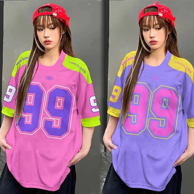 เสื้อยืดเบสบอลคนอ้วนไซส์ใหญ่สำหรับผู้หญิง oversize สกรีนลายเท่ สไตล์​เกาหลี เสื้อกีฬา ลําลองทรงหลวม preppy style 3XL