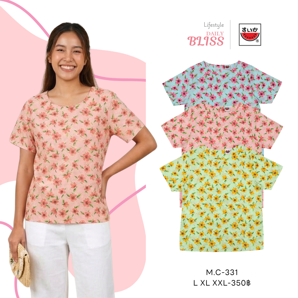 เสื้อแตงโม (SUIKA) - เสื้อผ้าป่านมัสลิน คอปาดกระดุมหลัง 3 เม็ด แขนสั้น ลายดอกไม้ ( M.C-098 328 333 )