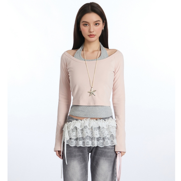 (พร้อมส่ง) Clothestoryy - Riko Top เสื้อแขนยาว คล้องคอลายจุด *เย็บติดกัน*