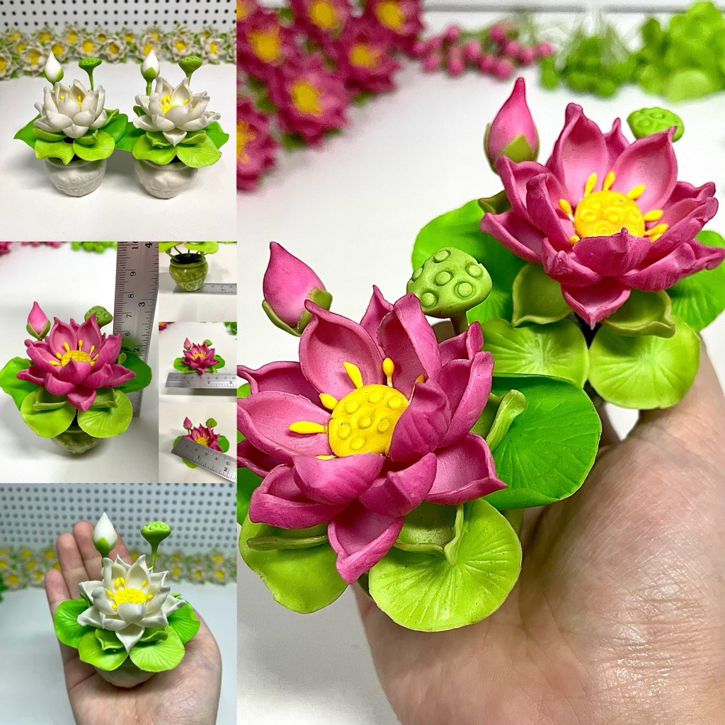 ดอกบัวดินปั้น (คู่) มี2สี ขาว/ชมพู สูง10cm