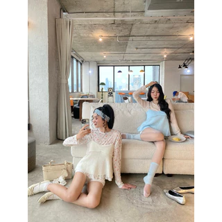-𝐂𝐡𝐢𝐯𝐚- | เซ็ต 2 ชิ้น เสื้อสายเดี่ยวไหมพรม+เสื้อแขนยาวซีทรูชายระบาย