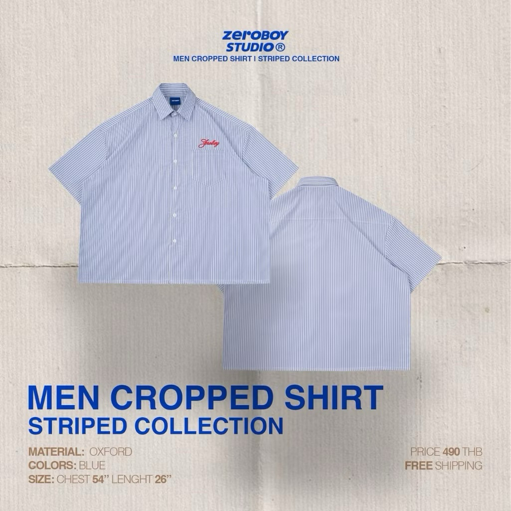 ZEROBOY - Men Cropped Shirt | Striped Collection เสื้อเชิ้ตครอปผู้ชายลายทางโทนสีฟ้าปักโลโก้