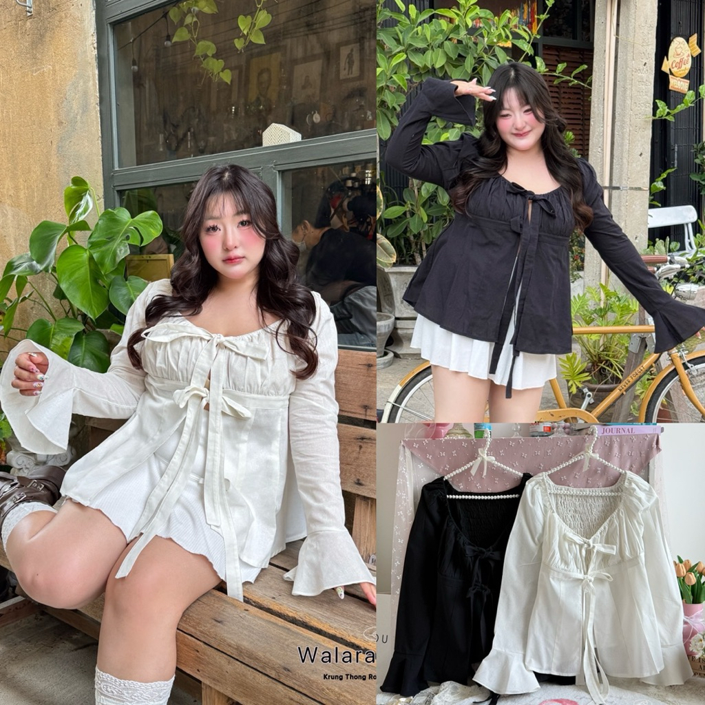 /WP/ เสื้อผูกโบว์หน้า มีไซส์อก38-52 ช่วงแขนแต่งระบาย สม็อคหลัง แบบเก๋ ใส่ง่าย แมทช์ง่าย #เสื้อไซส์ใหญ่ พลัสไซส์