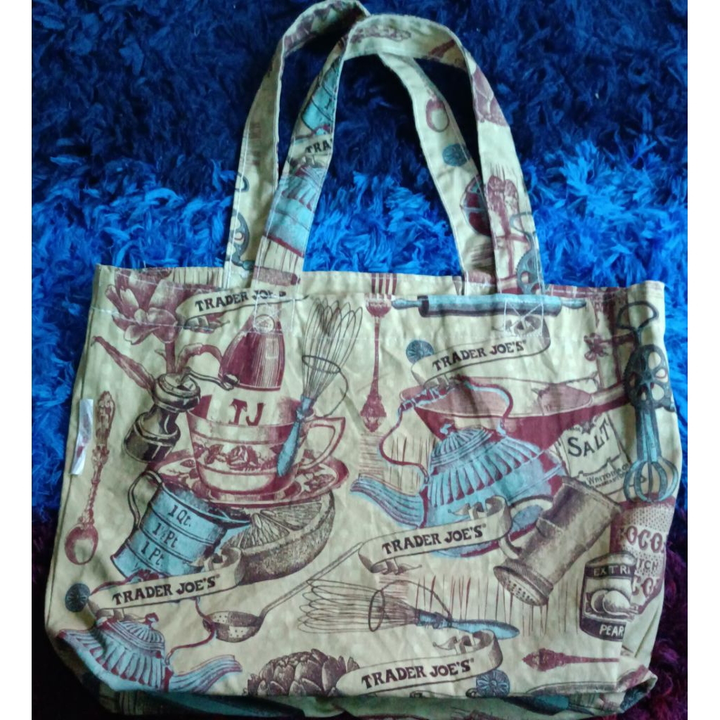 VTG TRADER JOE'S Reusable Cloth Tote Bag ~ Baking/Cooking Theme ~ Biege 15 X18" Made in U.S.A.🇺🇸