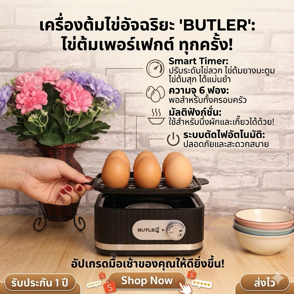 เครื่องต้มไข่ อัจฉริยะ หมุนตั้งได้ตามความสุก ไข่ยางมะตูม ไข่สุกแบบไหนได้หมด รับประกันสินค้า 1 ปี