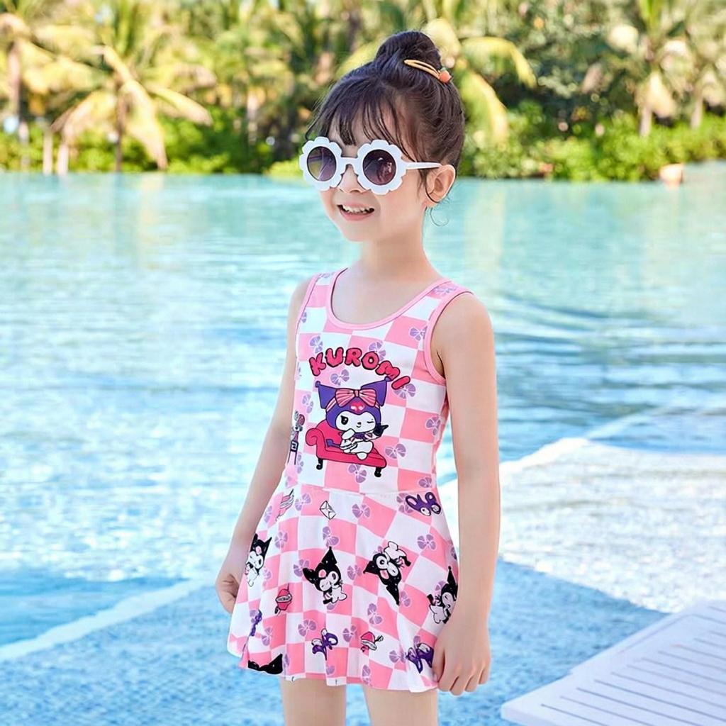 เสื้อว่ายน้ำสำหรับเด็กหญิง ชุดว่ายน้ำสำหรับเด็กที่มีลายน่ารักมีกางเกงซับใน (sw)