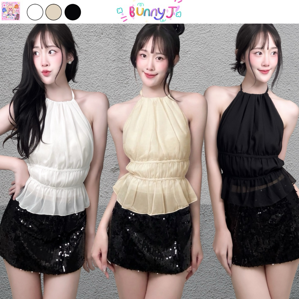 BunnyJ.🎀 เสื้อระบายคล้องคอผูกหลังสุดคิวท์ ลุคคุณหนูเกาหลี แอบเซ็กซี่เบาๆ 💖 มี 3 สี ครีม/ดำ/ขาว พร้อม