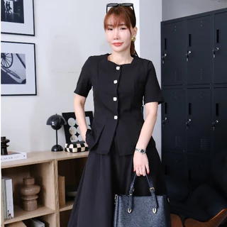 Lawyer Store | [5581720] [5581720-1] (ขายแยกชิ้น) ชุดเซ็ท เสื้อสูทแขนสั้น ชายเสื้อแต่งจีบ กับ กระโปรงยาว เอวสม็อค