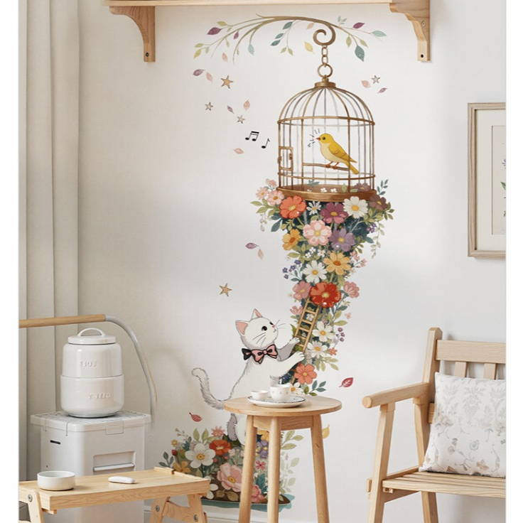 สติกเกอร์ติดผนัง ลายดอกไม้ สติกเกอร์แมว สติกเกอร์แต่งผนัง วอลเปเปอร์ Wall Sticker M03025