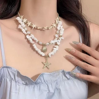 สร้อยคอ necklace สไตล์เกาหลี ins แฟชั่น สำหรับผู้หญิง เปลือกหอย ไข่มุก ดาวทะเล หลายชั้น ริมทะเล วันหยุดพักผ่อน COD