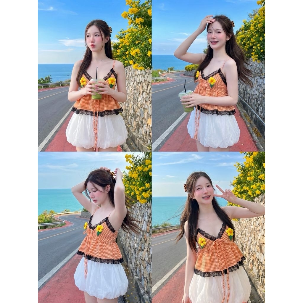 Cupid : (S/M)เสื้อครอปสายเดี่ยวตัดขอบลูกไม้ผูกโบว์อก แถมเข้มกลัดดอกไม้3D