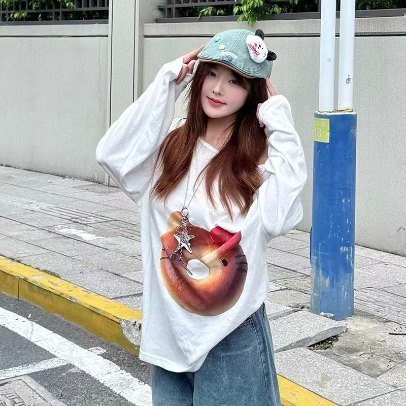 เสื้อยืดแขนยาวกันแดดทรงหลวมสำหรับผู้หญิง สไตล์เกาหลี ลายลูกแมวและโดนัท แขนยาว สวมใส่สบาย