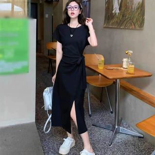 628 เดรสยาวผูกเอว แขนสั้น ผ่าข้างเซ็กซี่ ทรงเข้ารูป ความยืดหยุ่น สไตล์ใหม่รับซัมเมอร์ สไตล์ฝรั่งเศส
