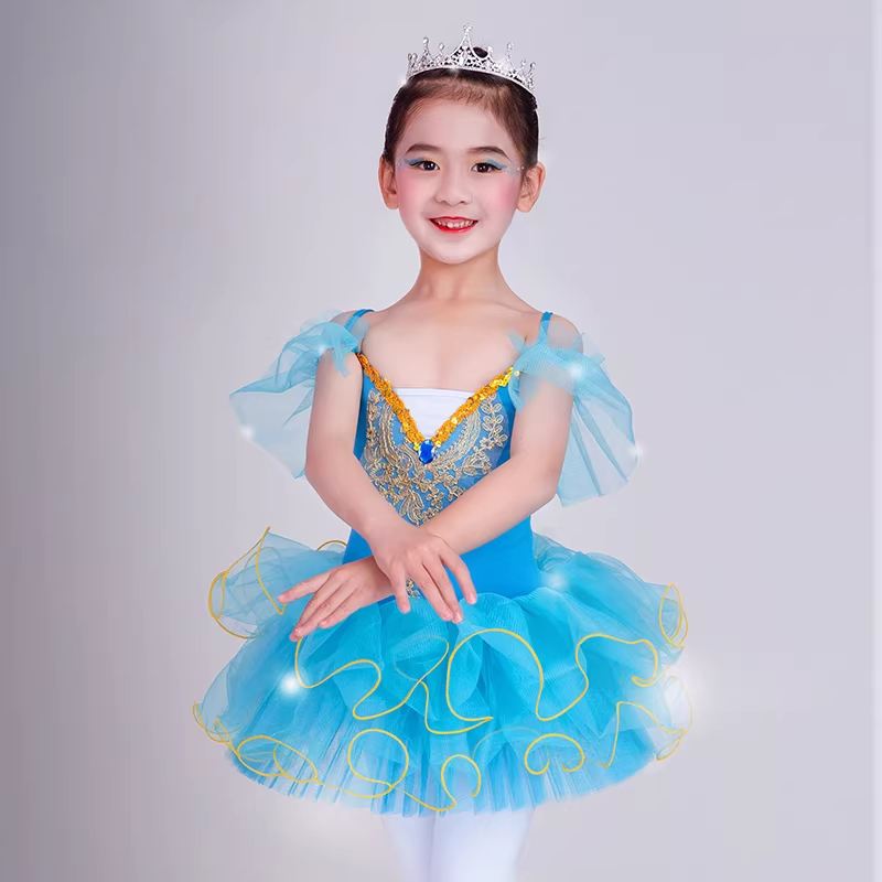 ชุดบัลเล่ต์เด็ก ชุดเต้นระบำ สีฟ้าสดใส สวยหรู สไตล์เจ้าหญิง สำหรับงานแสดงโรงเรียน