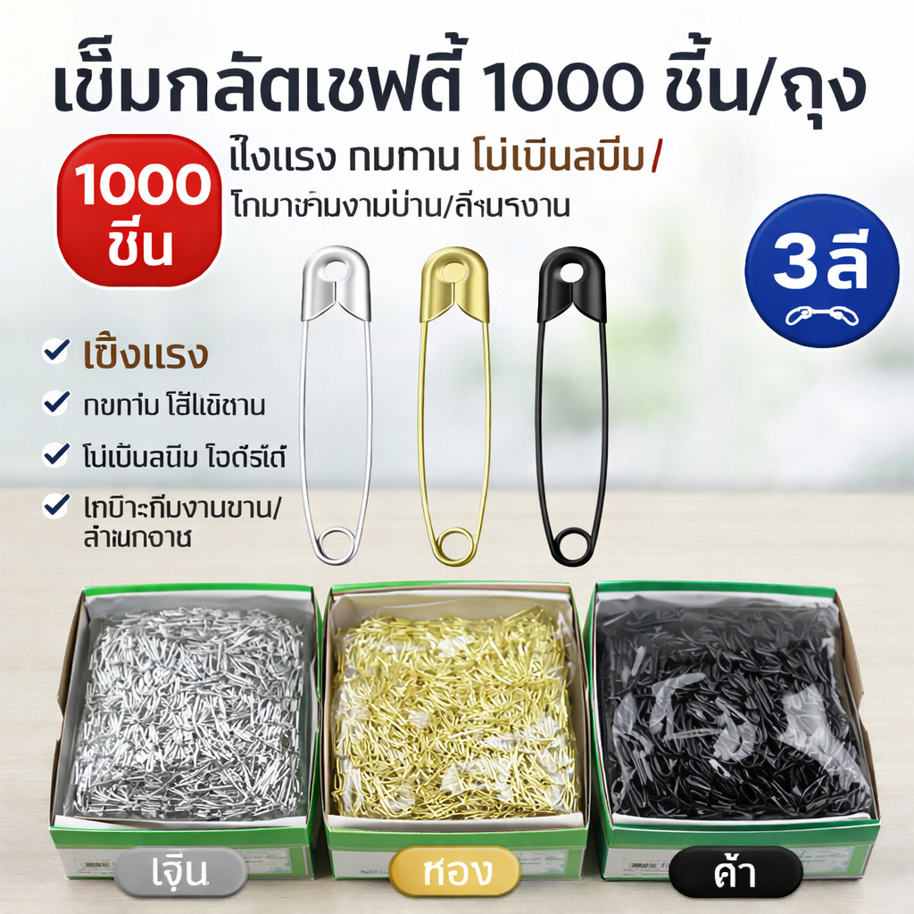 ลวดหนีบกระดาษ 1000 ชิ้น/ถุง คลิปหนีบเอกสาร ขนาดเล็ก แข็งแรง สีดำ สีทอง สีเงิน