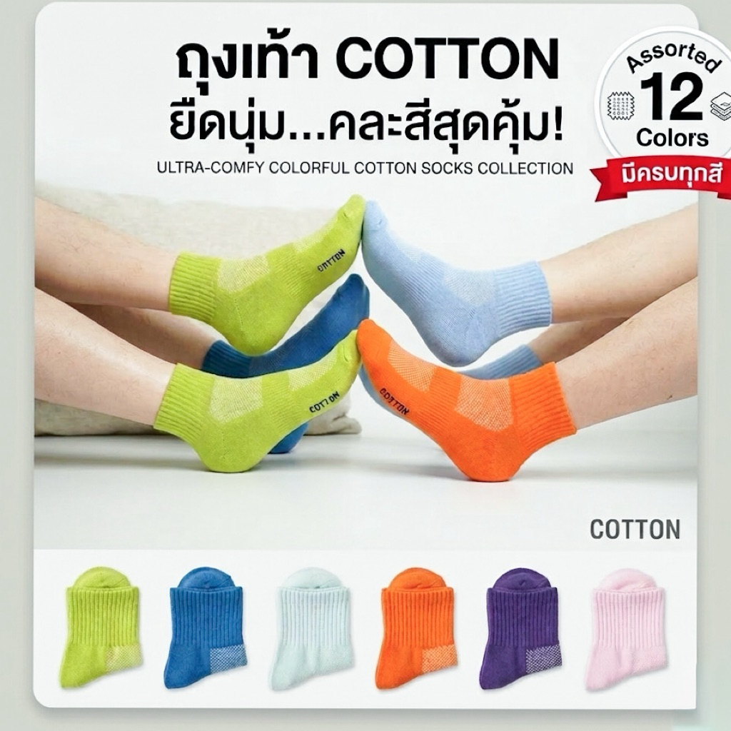 ถุงเท้า Cotton ข้อกลาง Ultra-Comfy สีสันสดใส มีให้เลือก 12 สี คุณภาพพรีเมียม สวมใส่สบายได้ทุกวัน