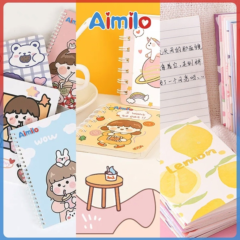 Aimilo shop สมุดโน๊ตจิ๋ว สมุดโน้ตสันห่วง การ์ตูน ขนาด A7 สุ่มลวดลาย มีเส้น จดบันทึก มีหลายรูปแบบ 50 หน้า