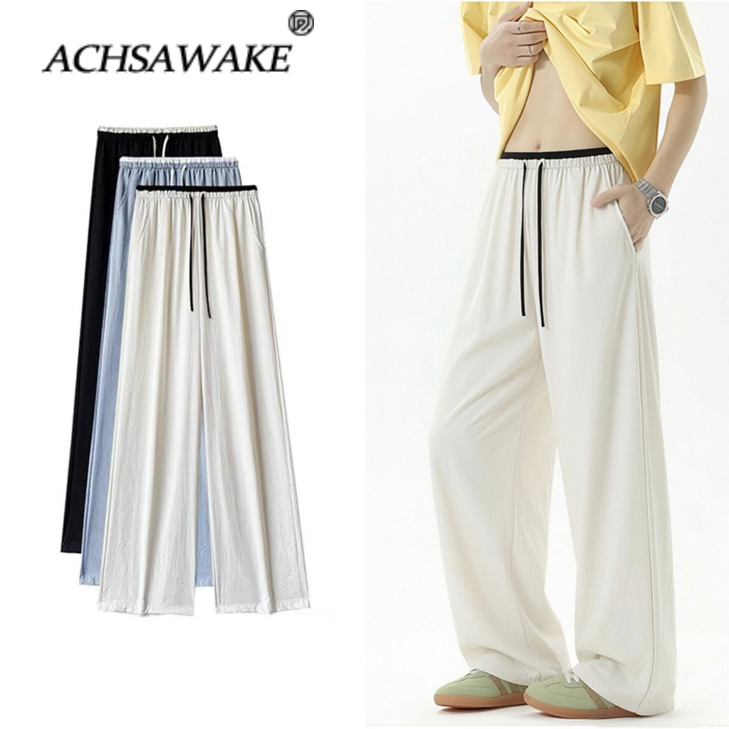 ACHSAWAKE กางเกงขากว้างสีขาว ผู้ชาย เนื้อไอซ์ซิลก์ รุ่นบาง เอวสูงทรงตรง หลวมสบาย เนื้อผ้าเบา ระบายอากาศดี ทรงพลิ้ว ดูดี