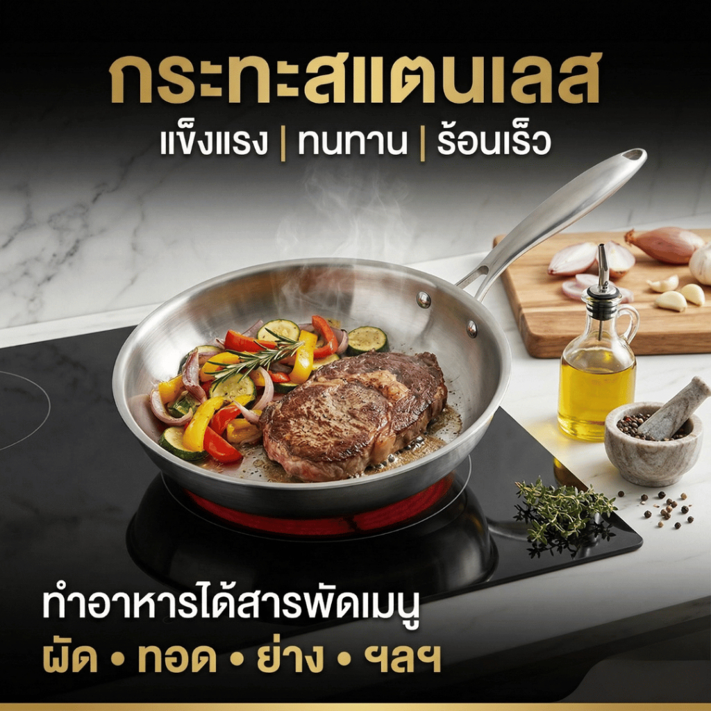กระทะ กระทะสแตนเลส ด้ามจับสแตนเลส แข็งแรง ทนทาน ร้อนเร็ว ไม่ติดกระทะ  ใช้ได้ทุกเตา ทำอาหารได้สารพัดเมนู ผัด ทอด ย่าง ฯลฯ