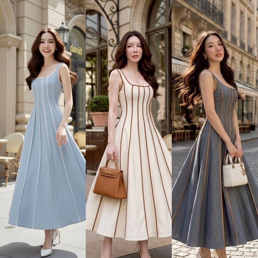 Pisamai เดรสแขนกุดตัวยาวสีครีมทรงบานแต่งลายเส้นสีน้ำตาลนูน สวยมากกกก