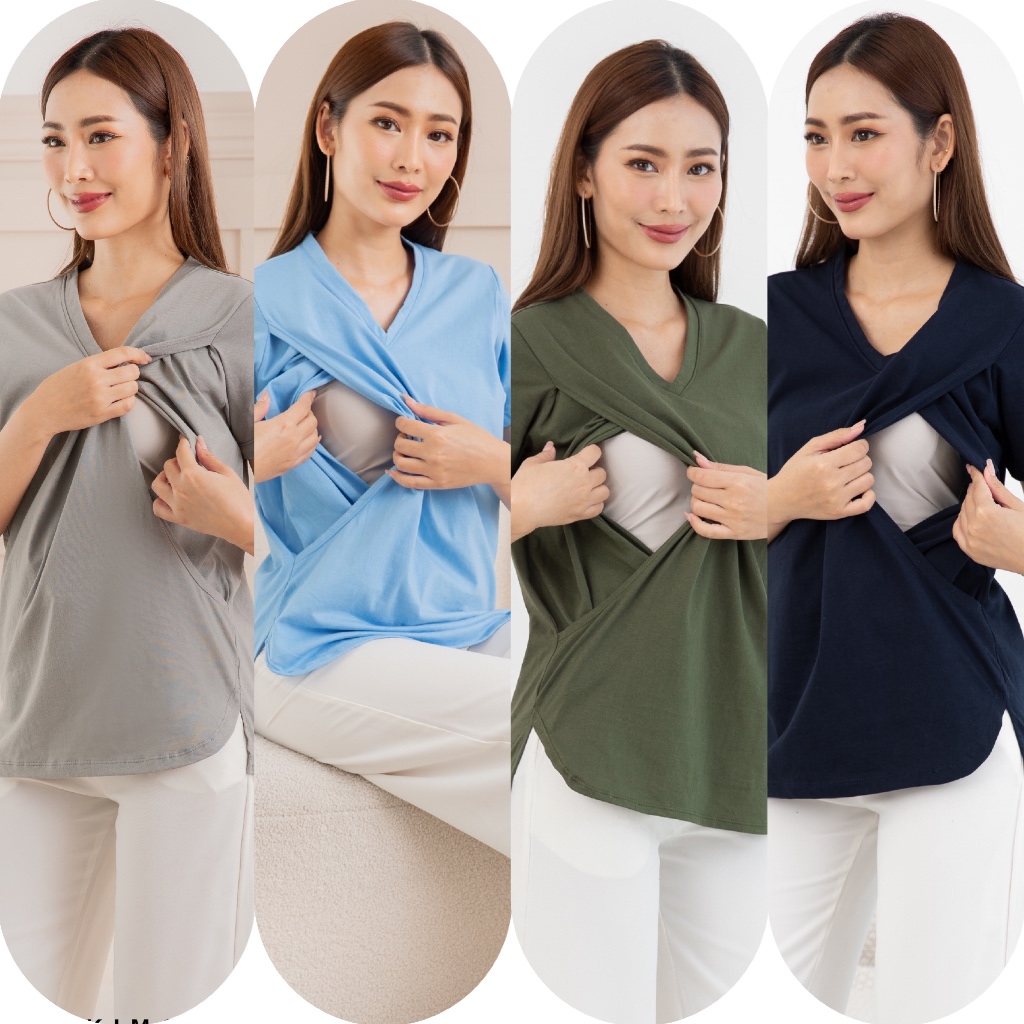 Mikimoko เสื้อยืดให้นมคอวี เนื้อผ้า Cotton 100% เปิดให้นมได้ 2 ข้าง