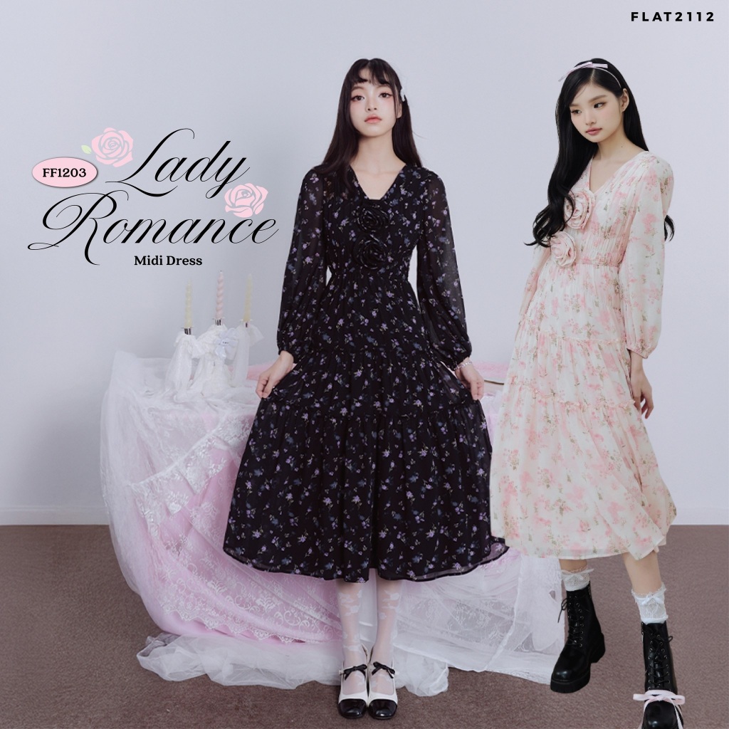 FLAT2112 : LADY ROMANCE MIDI DRESS เดรสยาวสุดคิวต์ เดรสออกงาน ชุดออกงาน เเขนยาวให้ลุคเรียบร้อย (FF1203)