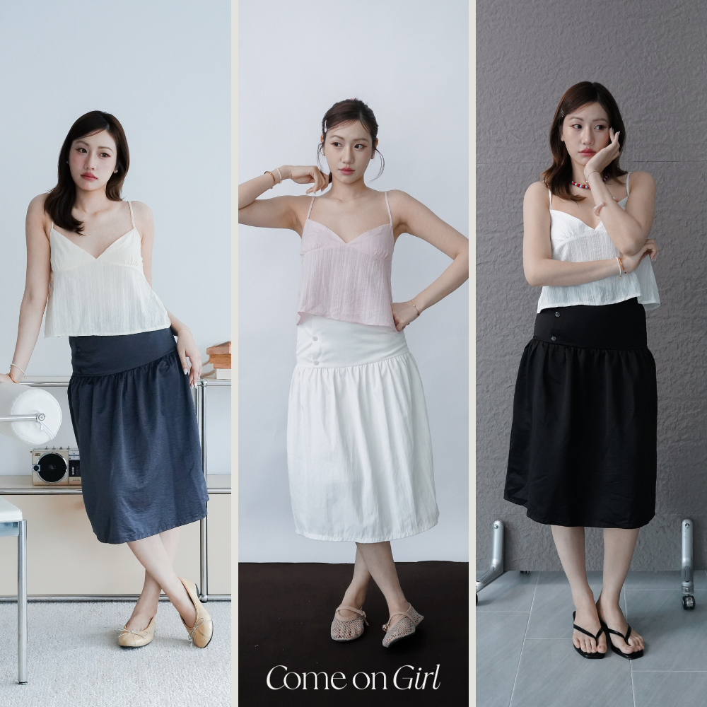 Come on Girl – Everyday Babe Midi Skirt กระโปรงเอวสูงมีซับในแต่งกระดุมหน้า มี 3 สี (ขาว/กรม/ดำ)