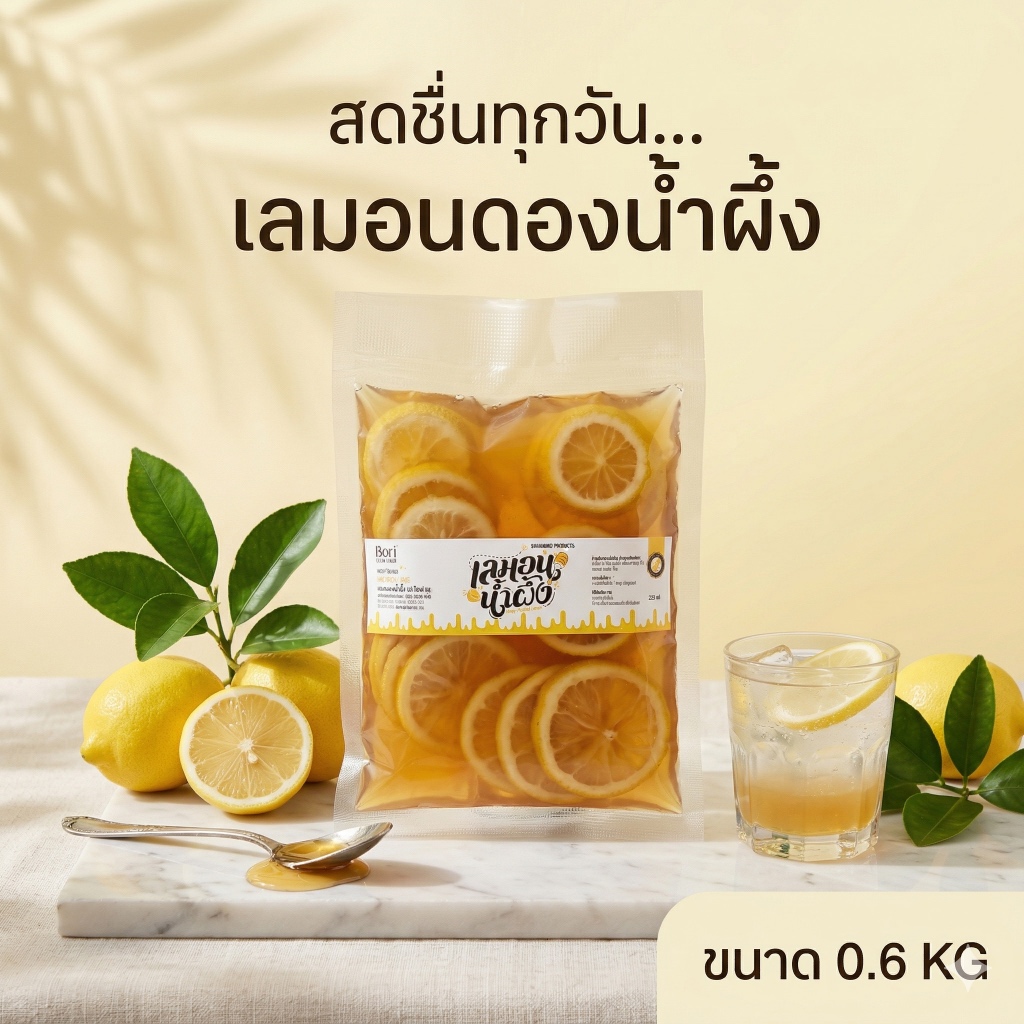 เลมอนดองน้ำผึ้ง 0.6 kg แบบถุงเติม Refill Lemon Honey สูตรไม่มีน้ำตาล