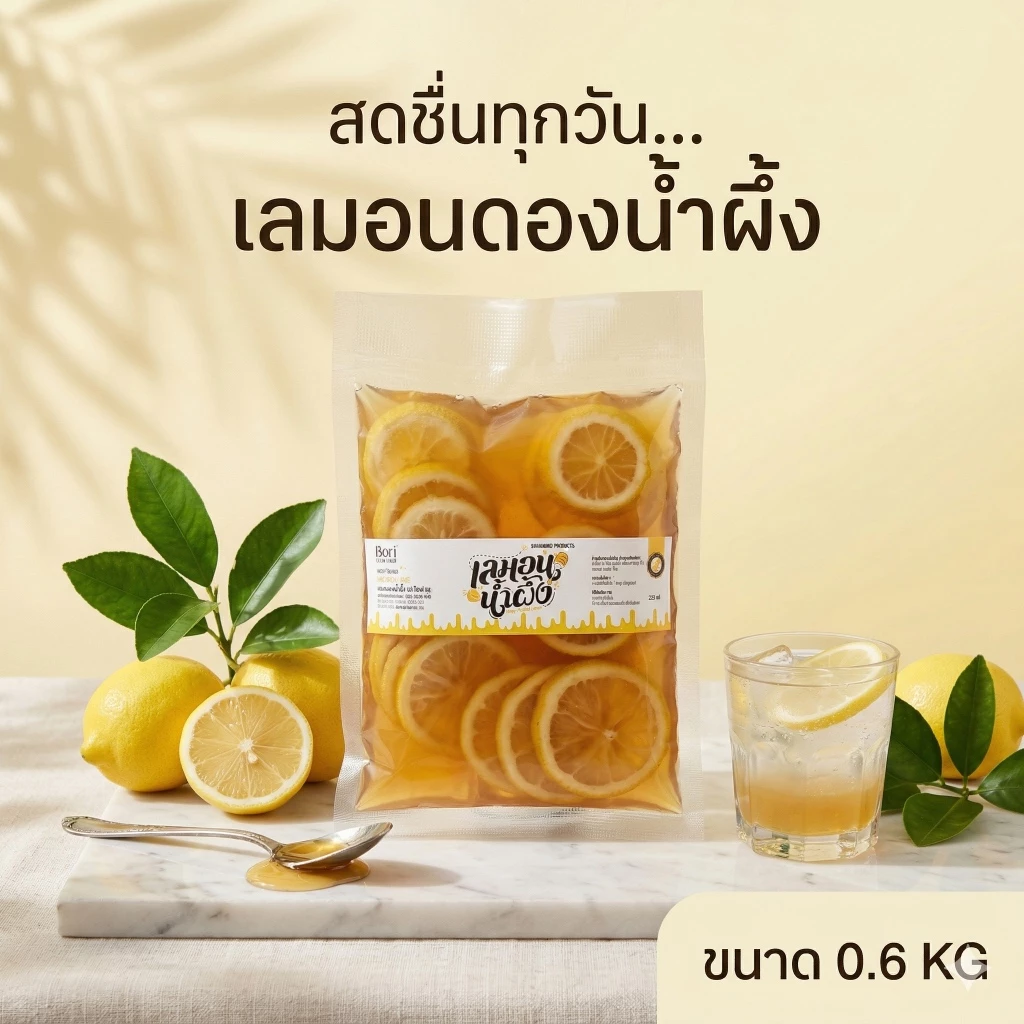 เลมอนดองน้ำผึ้ง 0.6 kg แบบถุงเติม Refill Lemon Honey สูตรไม่มีน้ำตาล