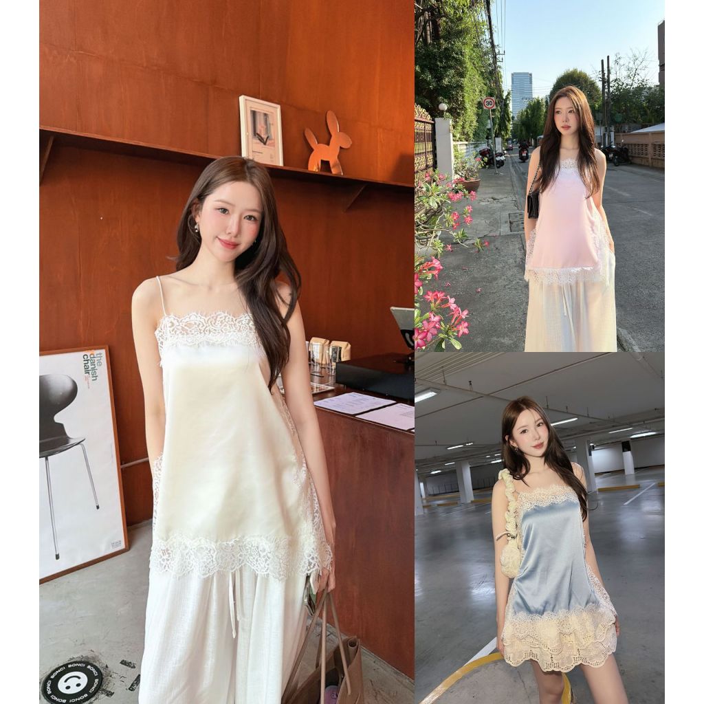 ส่งด่วน🚨 อ่านรายละเอียดการเย็บ📌 ครีม/ชมพู/ ฟ้า SLYQ ANGELIC GLOW LACE SATIN SINGLET เสื้อสายเดี่ยว