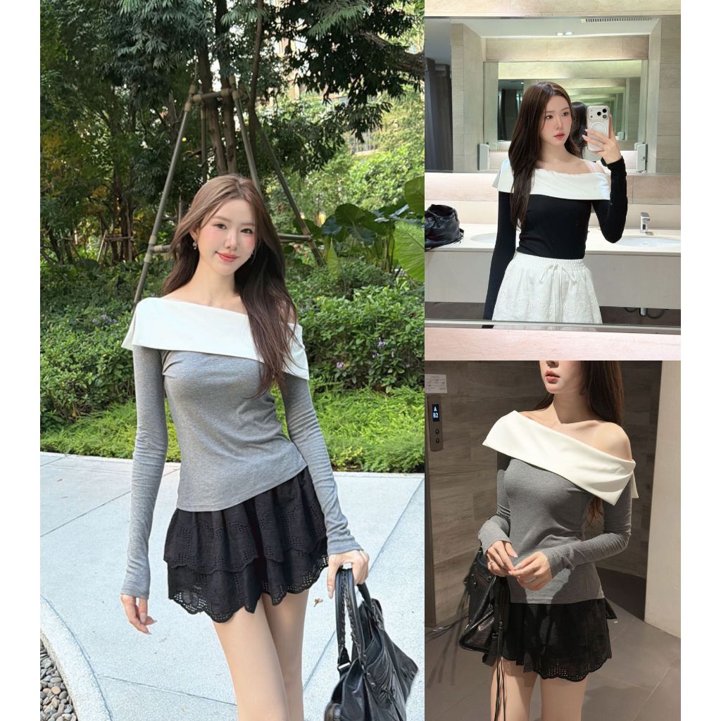 ส่งทันที🚨 เทา/ดำ SLYQ BLAIR OFF SHOULDER TOP เสื้อปาดไหล่แต่งแถบขาว
