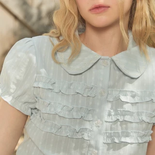DAILYLOOK.SM --- Marine shirt เสื้อเชิ้ตแขนตุ๊กตา ดีเทลปักลายตรงคอปก ผ้ามี texture ลายทางตรง