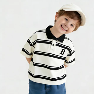 MC213 เสื้อโปโลเด็ก สีดำขาว สไตล์เกาหลี หล่อเท่ ใส่ออกงานได้