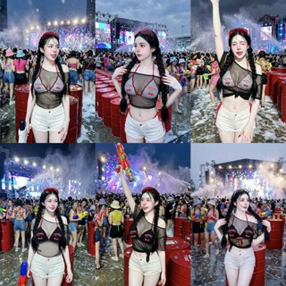 เซ็ท2ชิ้น เสื้อตาข่าย+บิกินี่ สกรีนเชอร์รี่ น่ารักแซ่บๆ ยั่ว…