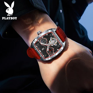 PLAYBOY 3058 นาฬิกาผู้ชายแท้ เครื่องกลอัตโนมัติ นาฬิกาข้อมือกันน้ำ ของขวัญวันวาเลนไทน์ วันพ่อ ส่องสว่าง สีฟ้า สีขาว