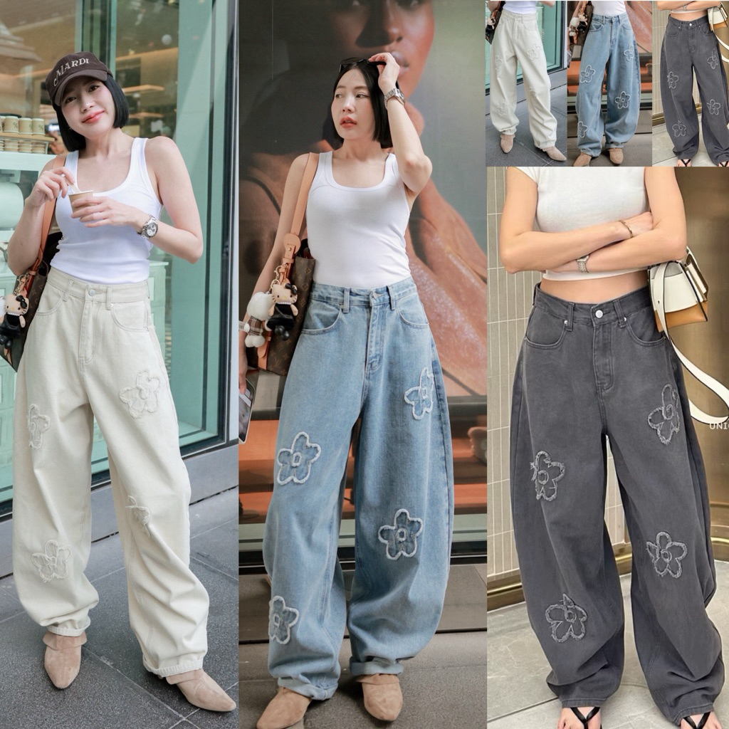 📍พร้อมส่ง📍🇰🇷FSY🇰🇷61912 Fleur carve jeans • กางเกงยีนส์ขากว้างทรงบอลลูน เย็บลายดอกไม้ เป็นงานดีไซน์ลายฟุ้งขอบรุ่ย