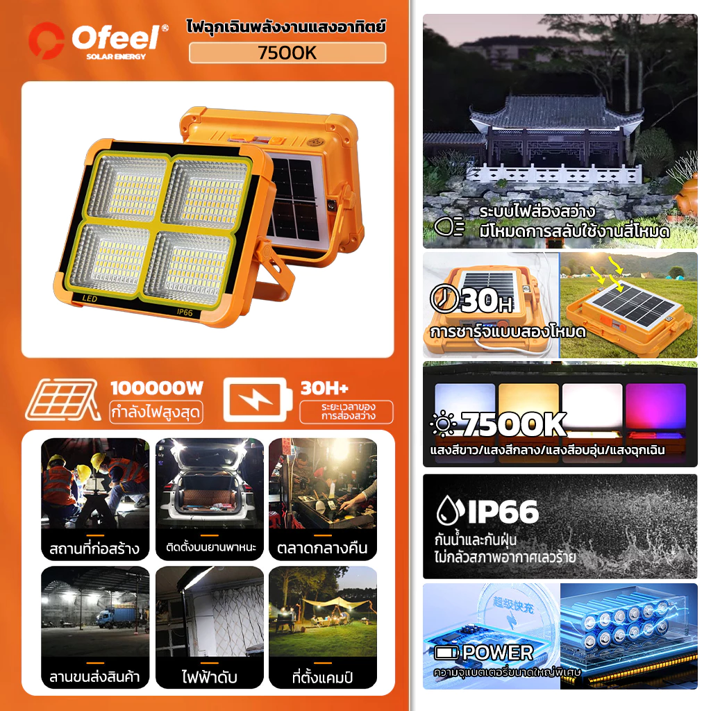 Ofeel ไฟโซล่าเซลล์ 220000W LED สปอตไลท์พกพา IP69 thumbnail 3