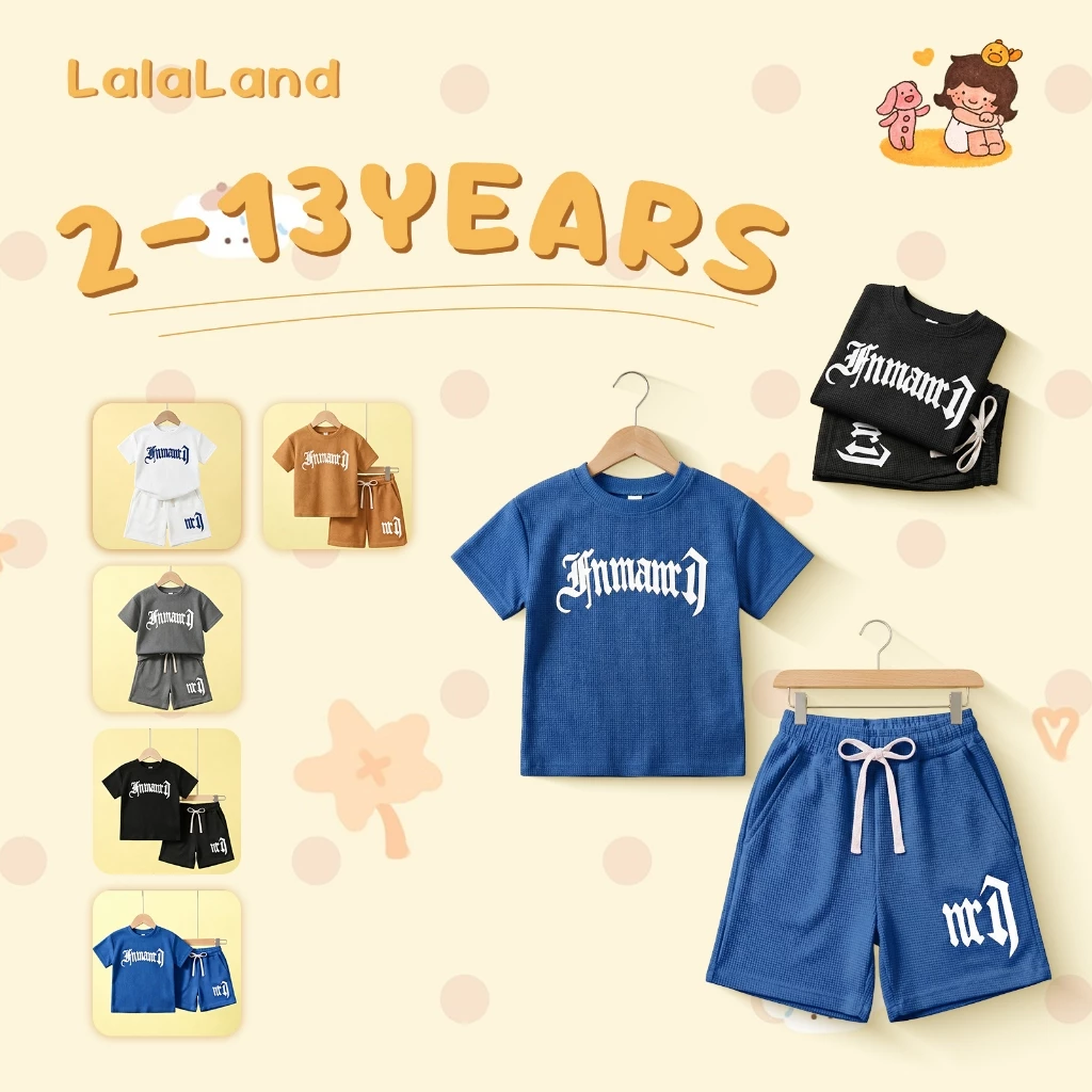 2-14 ปี สไตล์เกาหลี 2ชิ้นชุดเซ็ทเด็กชายแฟชั่น เสื้อยืดพิมพ์ลายตัวอักษรแขนสั้น และกางเกงขาสั้น