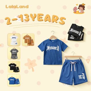 2-14 ปี สไตล์เกาหลี 2ชิ้นชุดเซ็ทเด็กชายแฟชั่น เสื้อยืดพิมพ์ลายตัวอักษรแขนสั้น และกางเกงขาสั้น