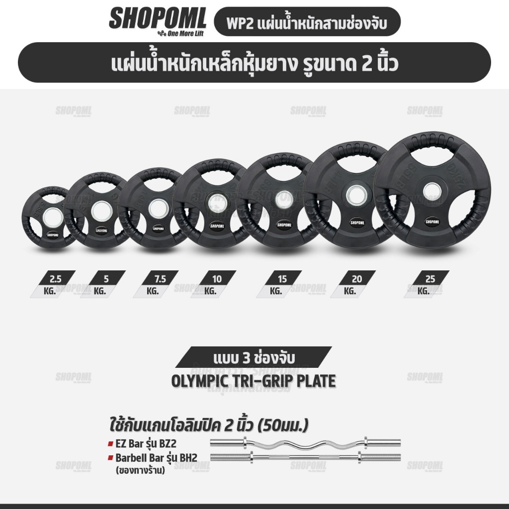OML WP2 แผ่นน้ำหนักสามช่องจับ(รู 2 นิ้ว) แผ่นน้ำหนักโอลิมปิค แผ่นบาร์เบลแบบมีช่องจับSHOPOML ใช้กับบาร์เบลแกน 2 นิ้ว