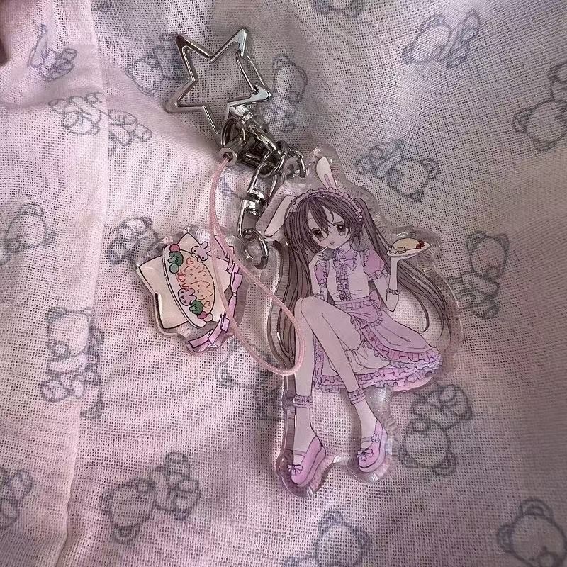 Pink Kawaii Acrylic Charm พวงกุญแจอะคริลิกลายสาวคิวท์ สไตล์ญี่ปุ่นหวานละมุน