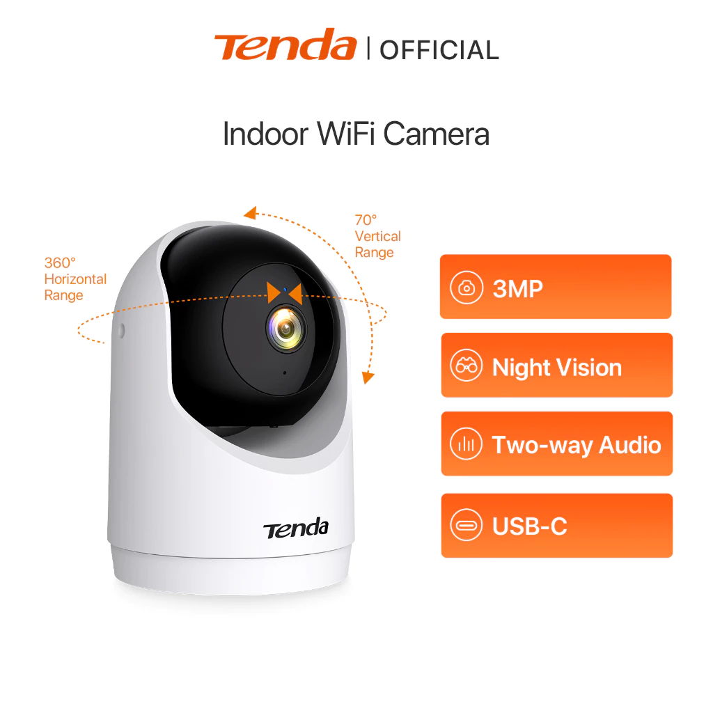 กล้องวงจรปิด Tenda CP3 ความละเอียด 3MP 2K HD หมุนได้ 360 องศา พร้อมระบบติดตามอัจฉริยะ WiFi 6 สำหรับบ้านและร้านค้า