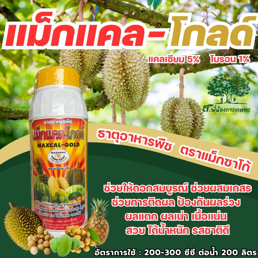 แม็กแคล-โกลด์ ตราแม็กซาโก้ ขนาด 1 ลิตร ช่วยให้ดอกสมบูรณ์ ช่วยผสมเกสร ป้องกันผลร่วง ผลแตก ผลเน่า เนื้อแน่น ได้น้ำหนัก