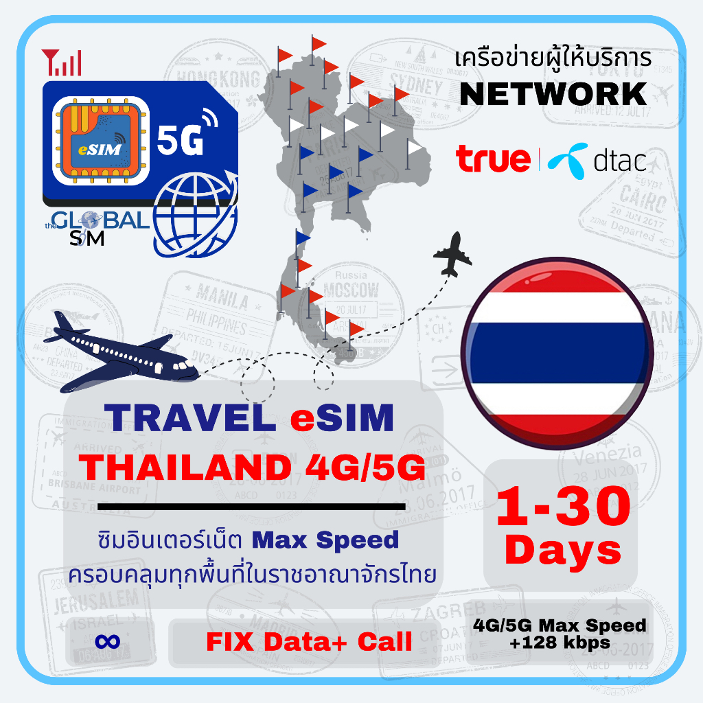【The Global SIM】eSIM Thailand ซิมไทย  3-30 Days 4G/5G Max speed Data (Total) | Unlimited + Call