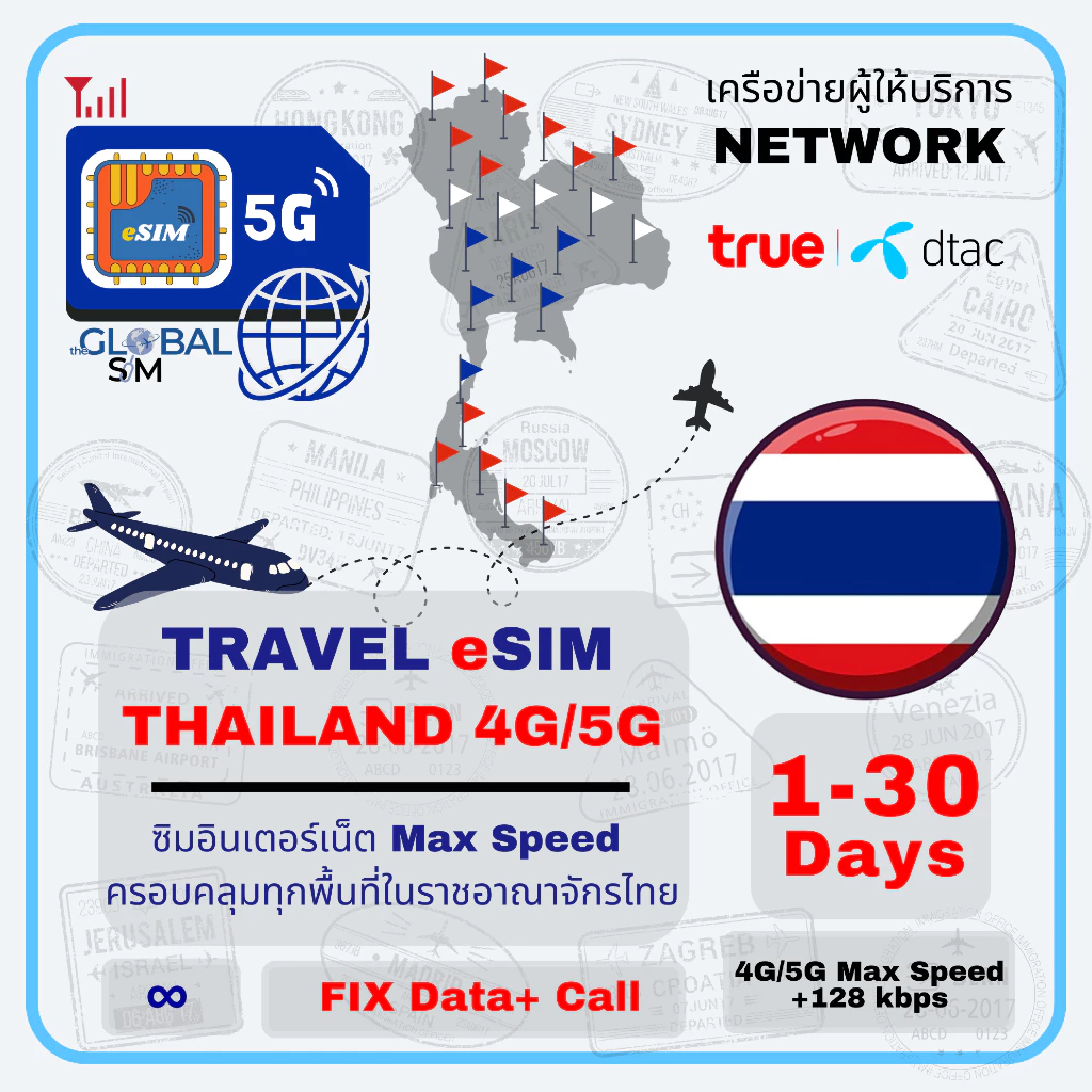 【The Global SIM】eSIM Thailand ซิมไทย 3-30 Days 4G/5G Max speed Data (Total) | Unlimited + Call