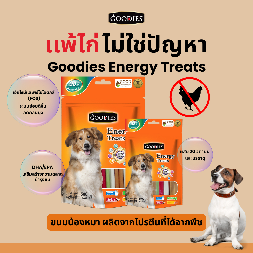 Goodies EnergyTreats 125g. คละรสชาติ ขนมบำรุงสุขภาพ เหมาะสำหรับสุนัขที่แพ้เนื้อสัตว์