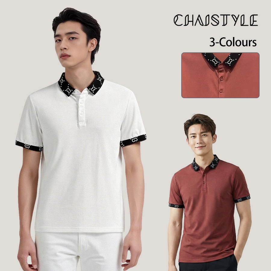 Chaistyle - เสื้อPoloคอลเลา สั้นแขน สีขาว/ดำ ครอปท็อกมีลายลวดลาย ครอปท็อกสวยงาม ความคุ้มค่า สำหรับชายทำธุรกิจ
